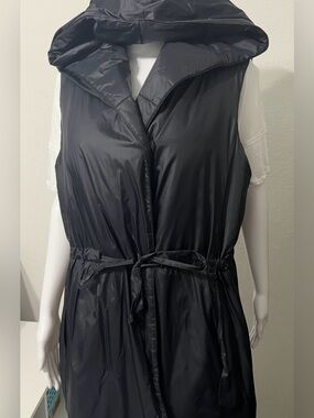 Eileen Fisher Black Hooded Long Vest Belted Recycled Nylon Size L